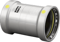 Cylindrical press coupling with threaded ends, zinc-nickel coating, yellow and white color bands.