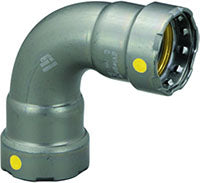 Viega MegaPressG 1-1/4" press 90-degree elbow with zinc-nickel coating and yellow pressure indicators.