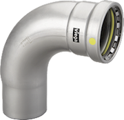 Silver metal 90-degree elbow fitting with press connections and yellow indicator band.