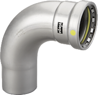 Silver 90-degree street elbow plumbing fitting with press connection ports and marking band.