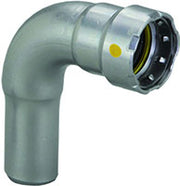 Chrome-plated 90-degree elbow fitting with press connections and yellow indicator mark on black connector ring.