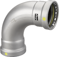 Viega MegaPressG 2-inch 90-degree elbow fitting in carbon steel with zinc-nickel coating.