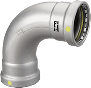 Silver metal 90-degree elbow fitting with press connections and black grip ring on both ends.
