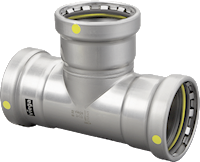 Viega MegaPressG 3" x 3" x 2" press tee fitting in silver carbon steel with zinc-nickel coating.