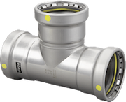 Viega MegaPressG 3" carbon steel tee with zinc-nickel coating and press fittings.