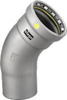 Silver carbon steel 45-degree elbow fitting with press connections and zinc-nickel coating.