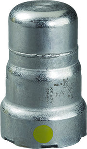 Viega MegaPressG 1-1/4" press end cap in zinc-nickel coated carbon steel with yellow indicator dot.