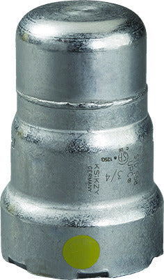 Viega MegaPressG 1-1/4" press end cap in zinc-nickel coated carbon steel with yellow indicator dot.