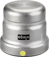 Silver metal press end cap with yellow indicator button and Viega brand label.