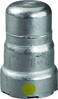 Viega MegaPressG 2 press end cap in carbon steel with zinc-nickel coating and yellow indicator dot.