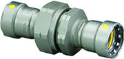 Viega MegaPressG 2 press union connector in carbon steel with zinc-nickel coating and yellow identification bands.