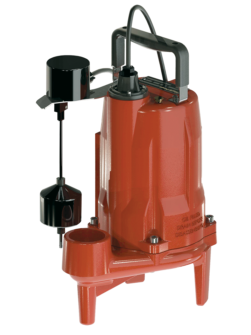 Red and black submersible grinder pump with vertical float switch, handle, and attached power cord.