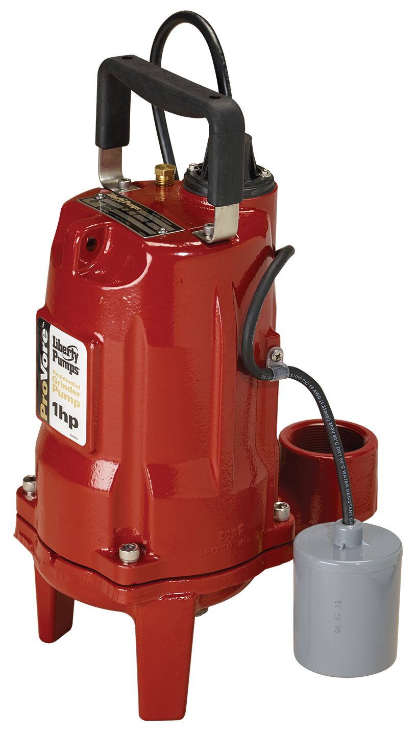 Red Liberty Pumps grinder pump with black handle, attached discharge hose, and gray collection basin.