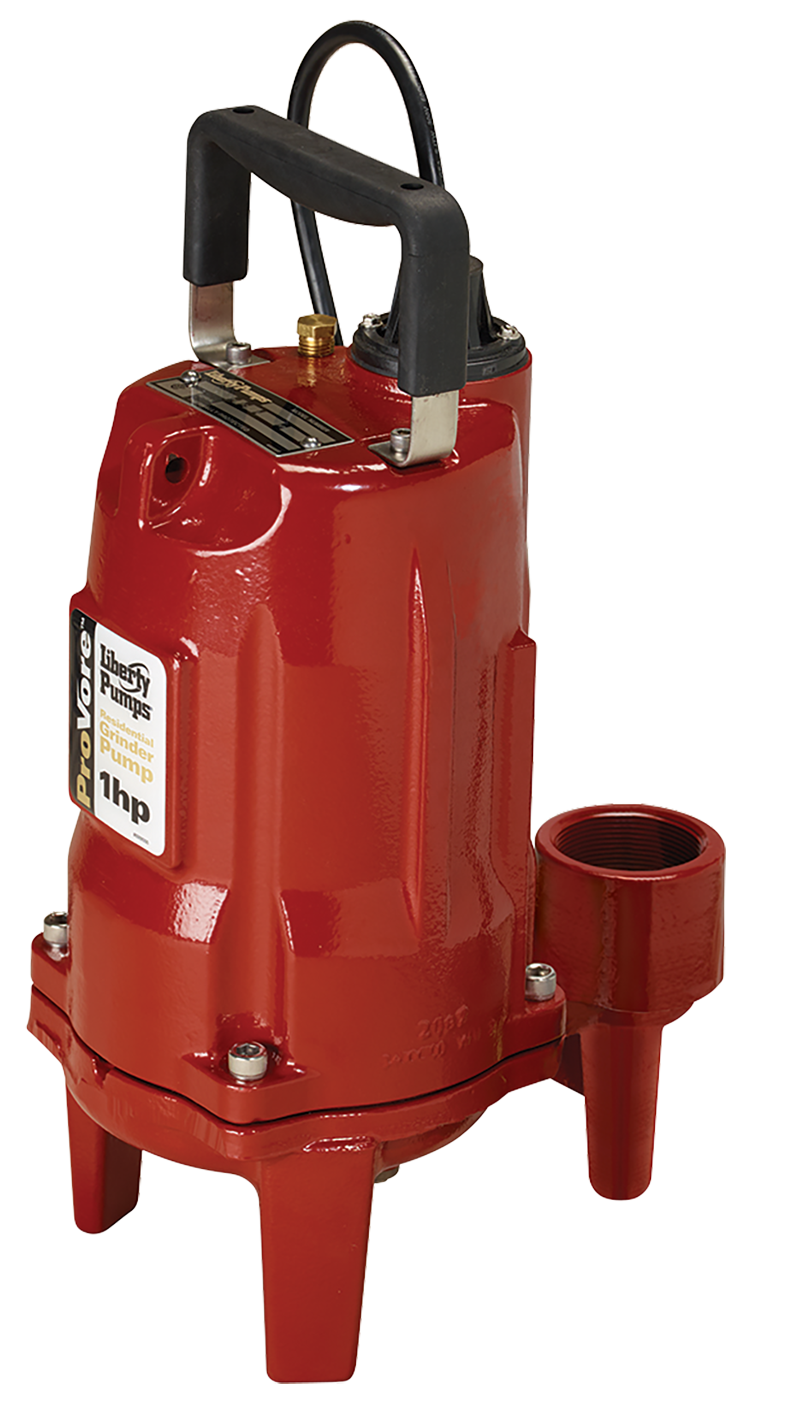 Red cylindrical grinder pump with black handle, discharge port, and three legs, labeled Liberty Pumps 1hp.