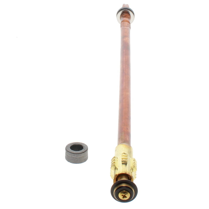 Copper stem assembly with brass valve body, metal cap, and small gray washer component displayed separately.