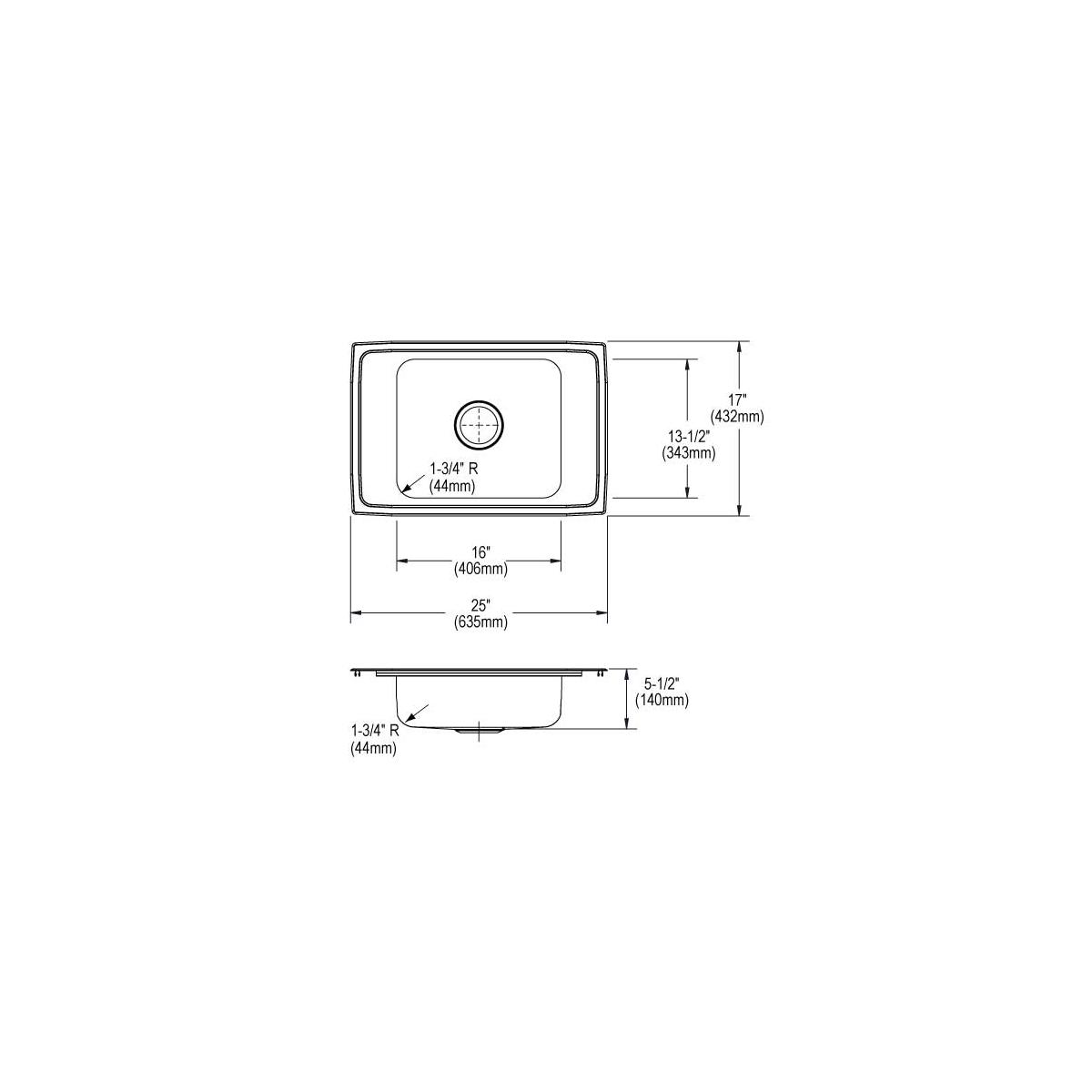 Stainless steel single bowl drop-in sink with top and side view dimensions showing 25" width, 17" depth, and 5-1/2" depth.