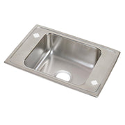 Stainless steel drop-in sink with single bowl, two faucet holes, and mounting brackets on rim.