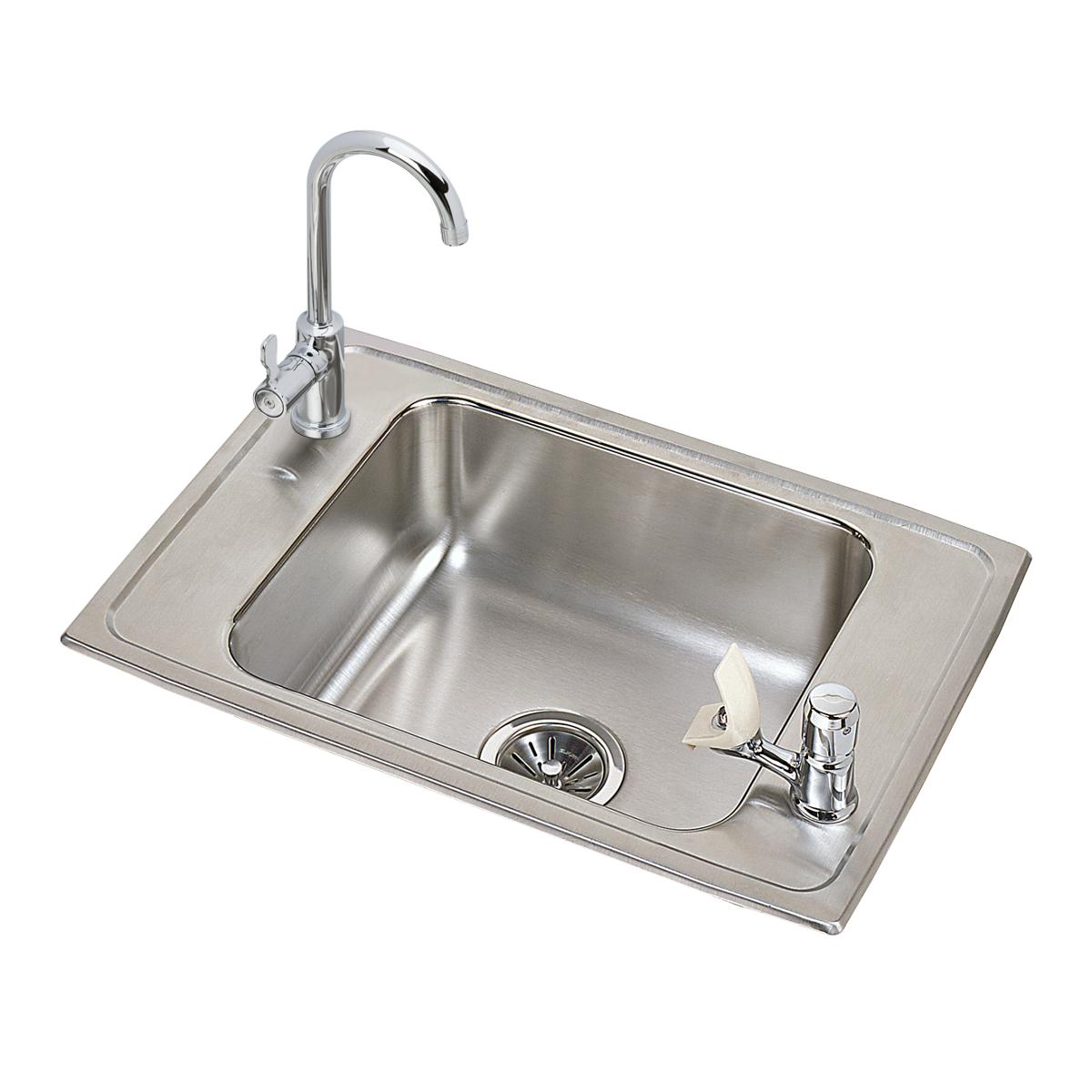 Stainless steel drop-in sink with single bowl, curved chrome faucet on left, and bubbler dispenser on right.