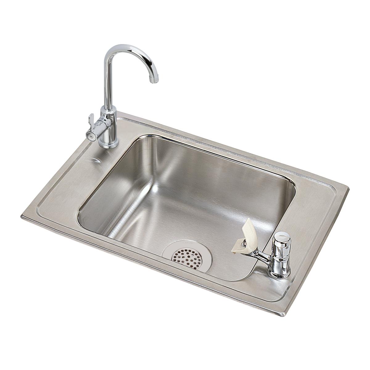 Stainless steel drop-in sink with single bowl, two faucet holes, gooseneck faucet, and soap dispenser.
