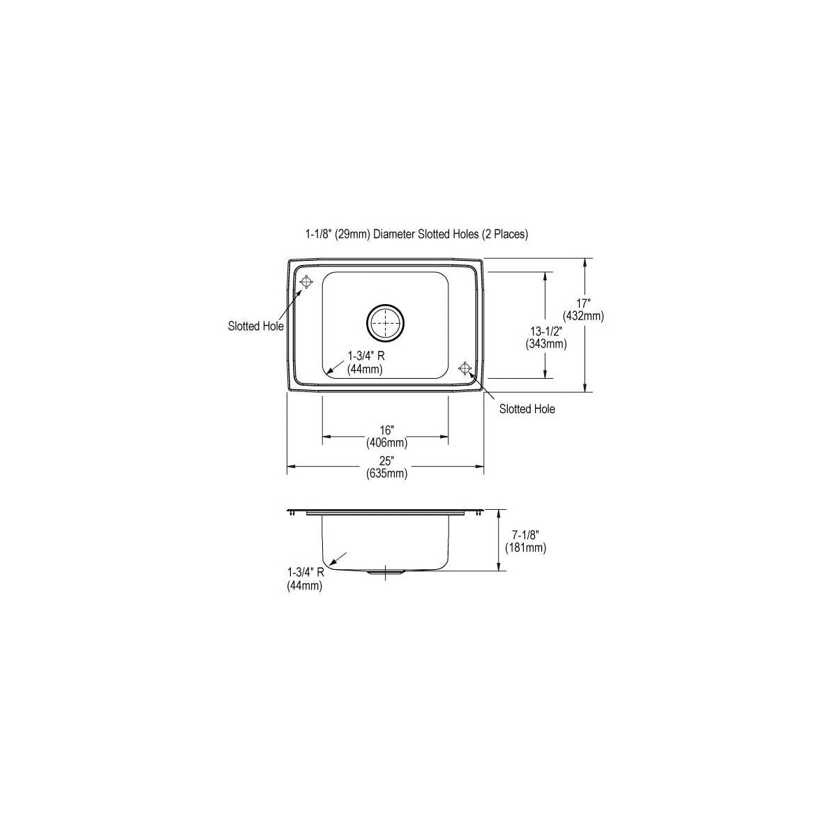 Technical schematic of stainless steel drop-in sink with single bowl, two slotted holes, and depth measurements.