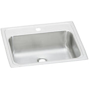 Stainless steel drop-in bathroom sink with single bowl, white rim, and one faucet hole.