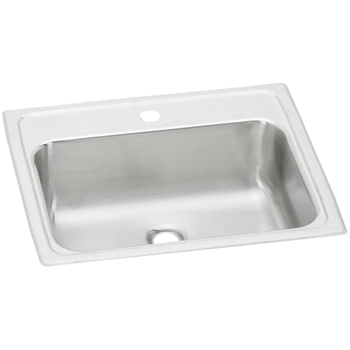 Stainless steel drop-in bathroom sink with single bowl, white rim, and one faucet hole.