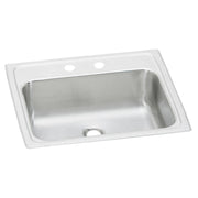 Stainless steel drop-in bathroom sink with single bowl, two faucet holes, and overflow opening.