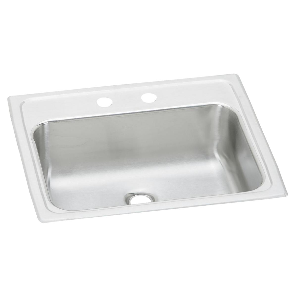 Stainless steel drop-in bathroom sink with single bowl, two faucet holes, and overflow opening.