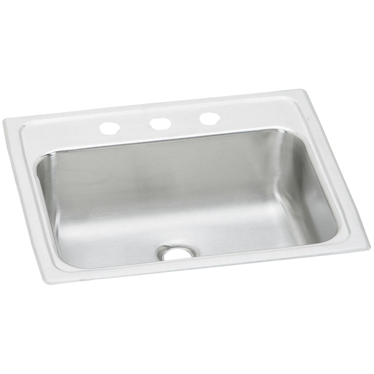 Stainless steel drop-in bathroom sink with white rim, single bowl, and three faucet holes along the top edge.