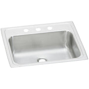 Stainless steel drop-in bathroom sink with white rim, single bowl, and three faucet holes along the top edge.