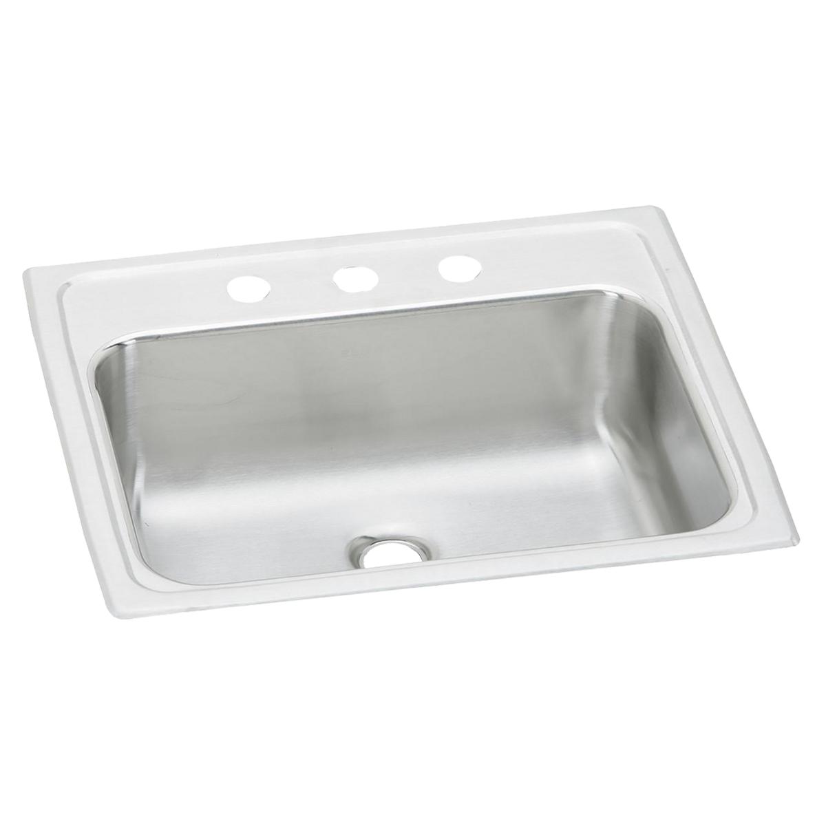 Stainless steel single bowl bathroom sink with white rim and three mounting holes across the top.