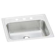 Stainless steel single bowl bathroom sink with white rim and three mounting holes across the top.