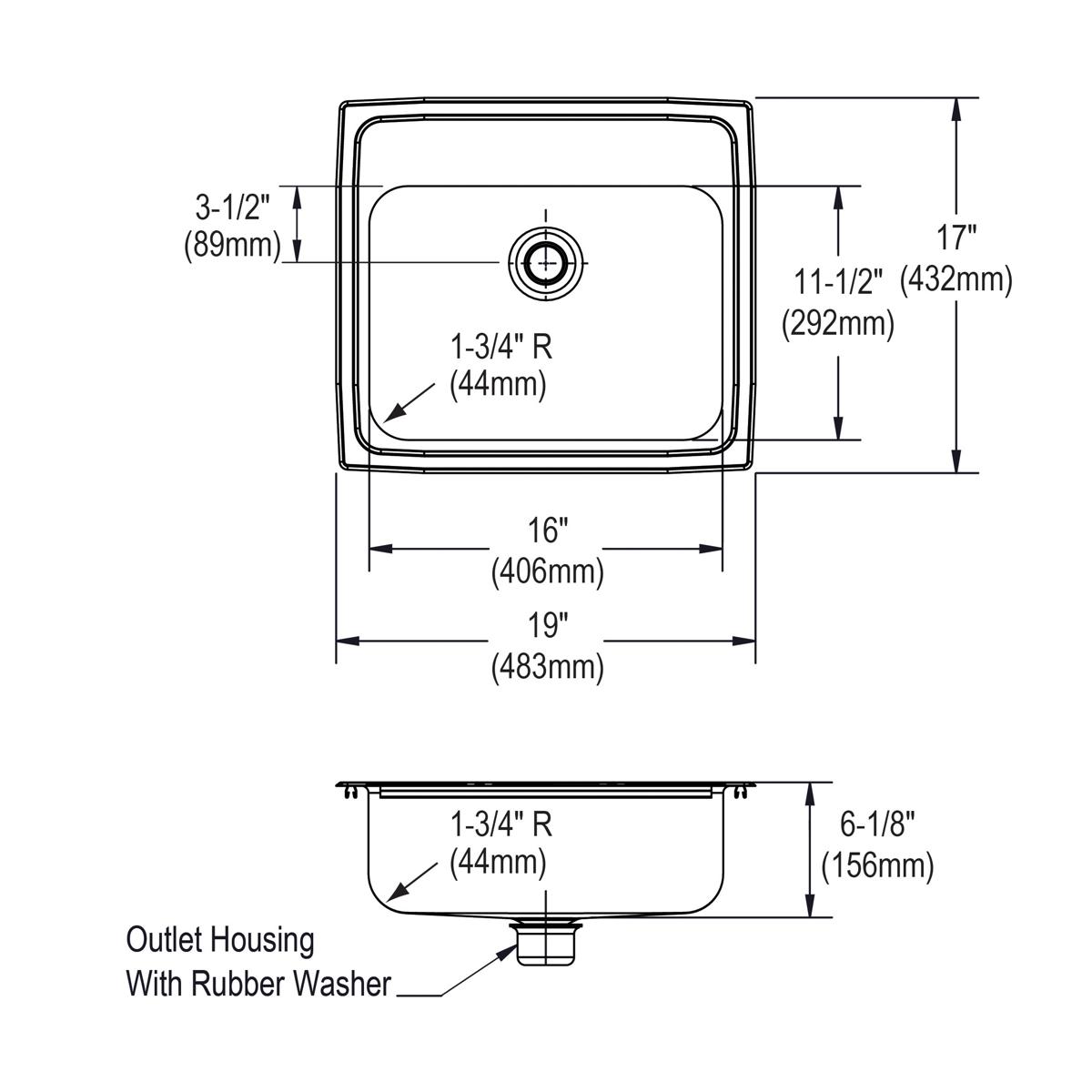 Stainless steel rectangular drop-in bathroom sink with single bowl and one faucet hole, shown in top and side technical views