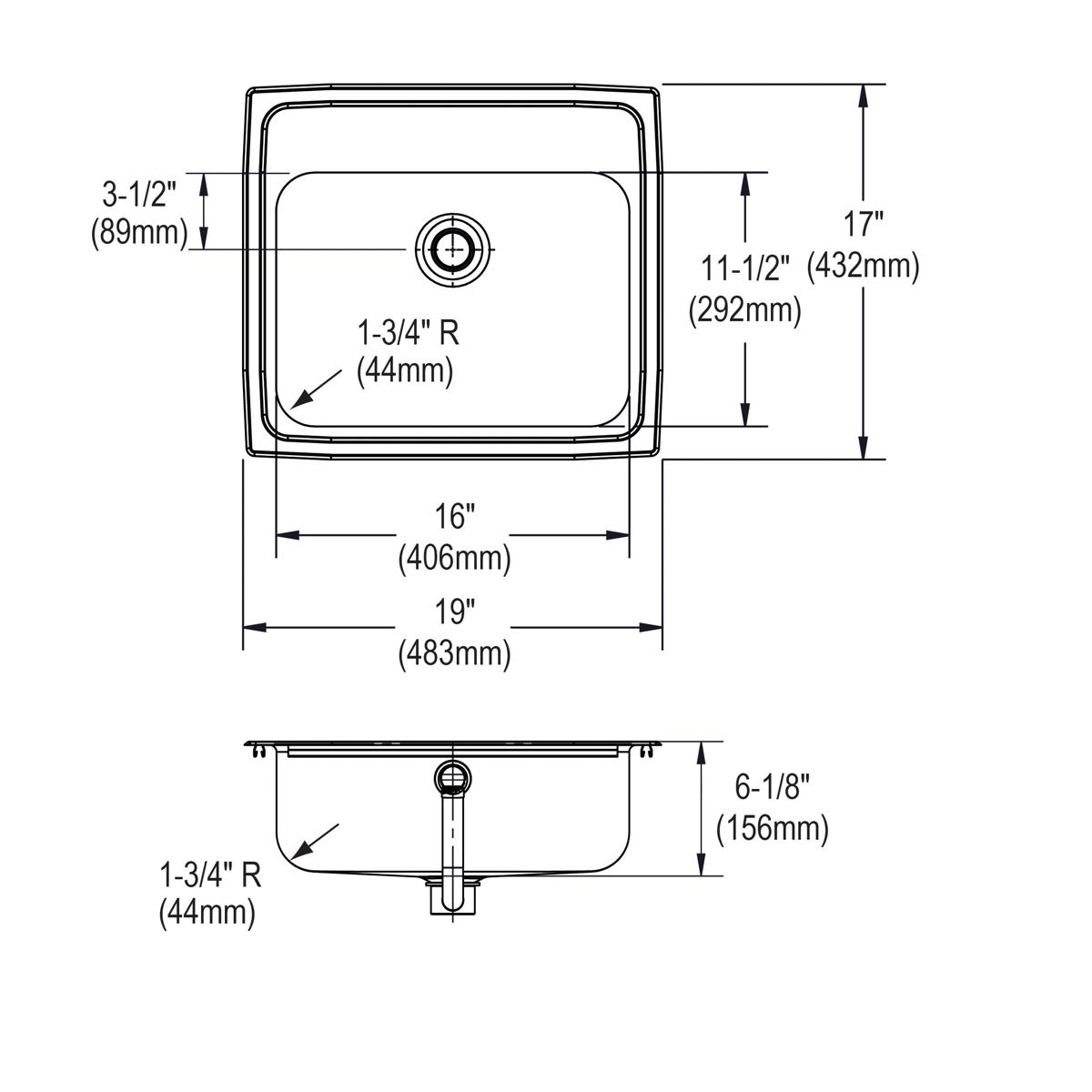 Stainless steel drop-in bathroom sink with single bowl, center drain, and overflow, shown in top and side view with dimension