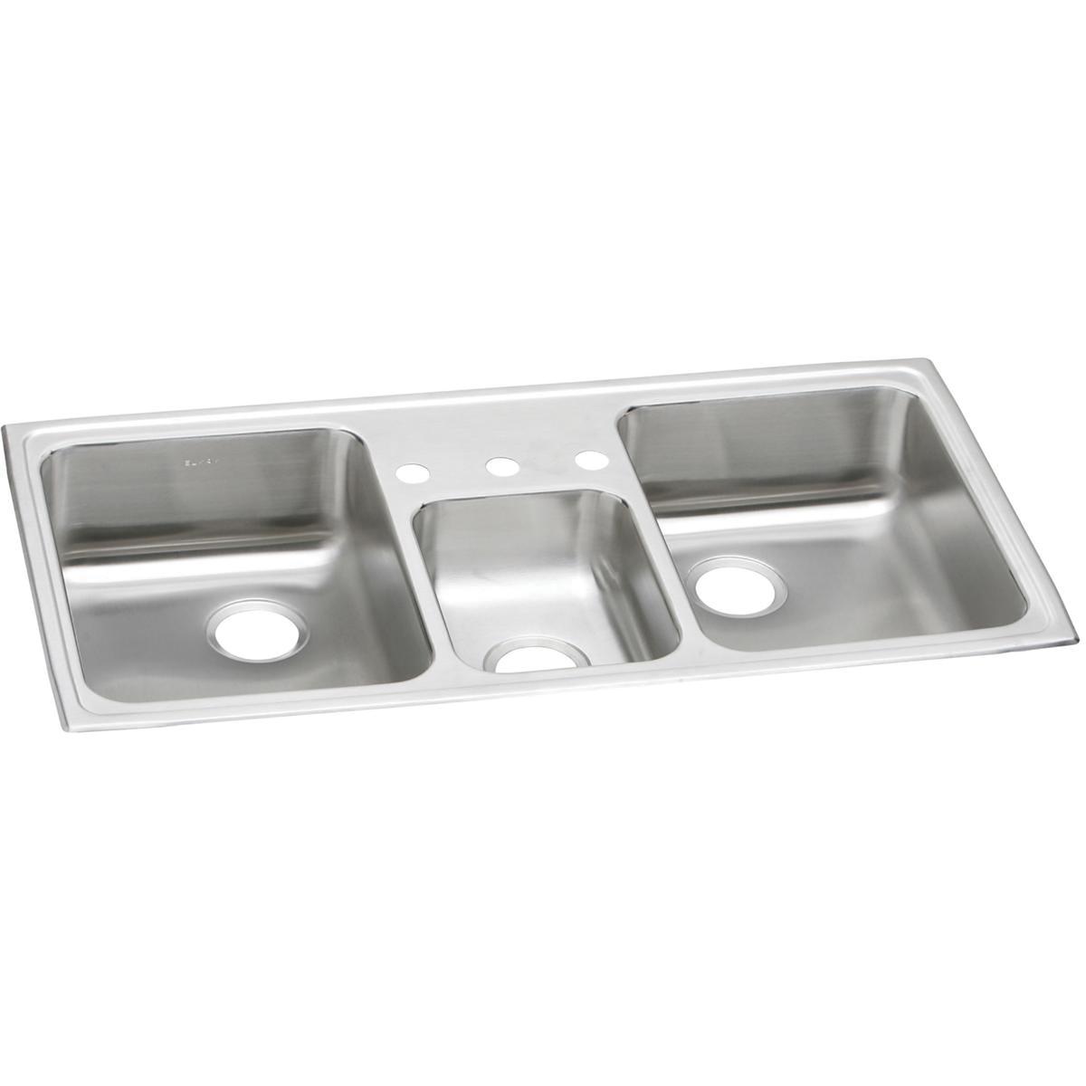 Stainless steel triple bowl drop-in sink with three holes, two larger bowls on sides and smaller center bowl.