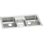 Stainless steel triple bowl drop-in sink with three holes, two larger bowls on sides and smaller center bowl.