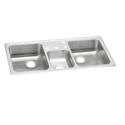 Stainless steel triple bowl drop-in sink with four holes and polished surface.