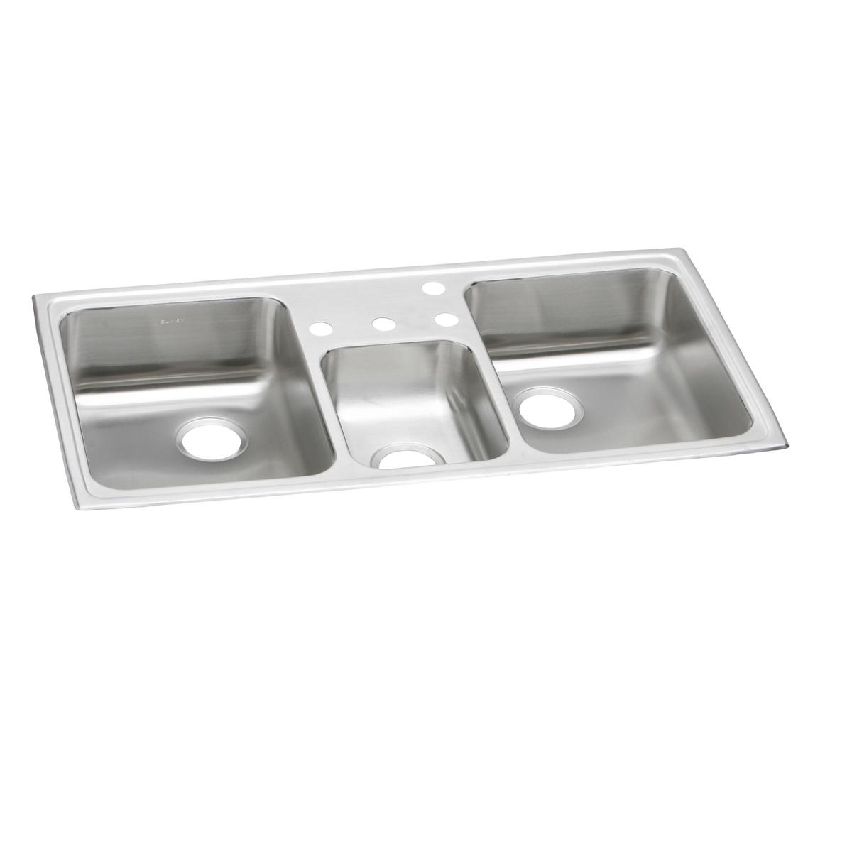 Stainless steel triple bowl drop-in sink with two larger side bowls and smaller center bowl, featuring drain holes.