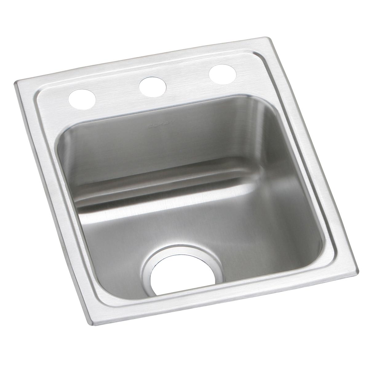 Stainless steel single bowl drop-in bar sink with three holes drilled in rim for faucet installation.