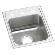 Stainless steel single bowl drop-in bar sink with three holes drilled in rim for faucet installation.