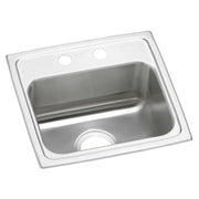 Stainless steel single bowl drop-in sink with two faucet holes and drain opening on rim.