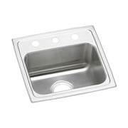 Stainless steel drop-in sink with single bowl and three holes on rim for faucet mounting.