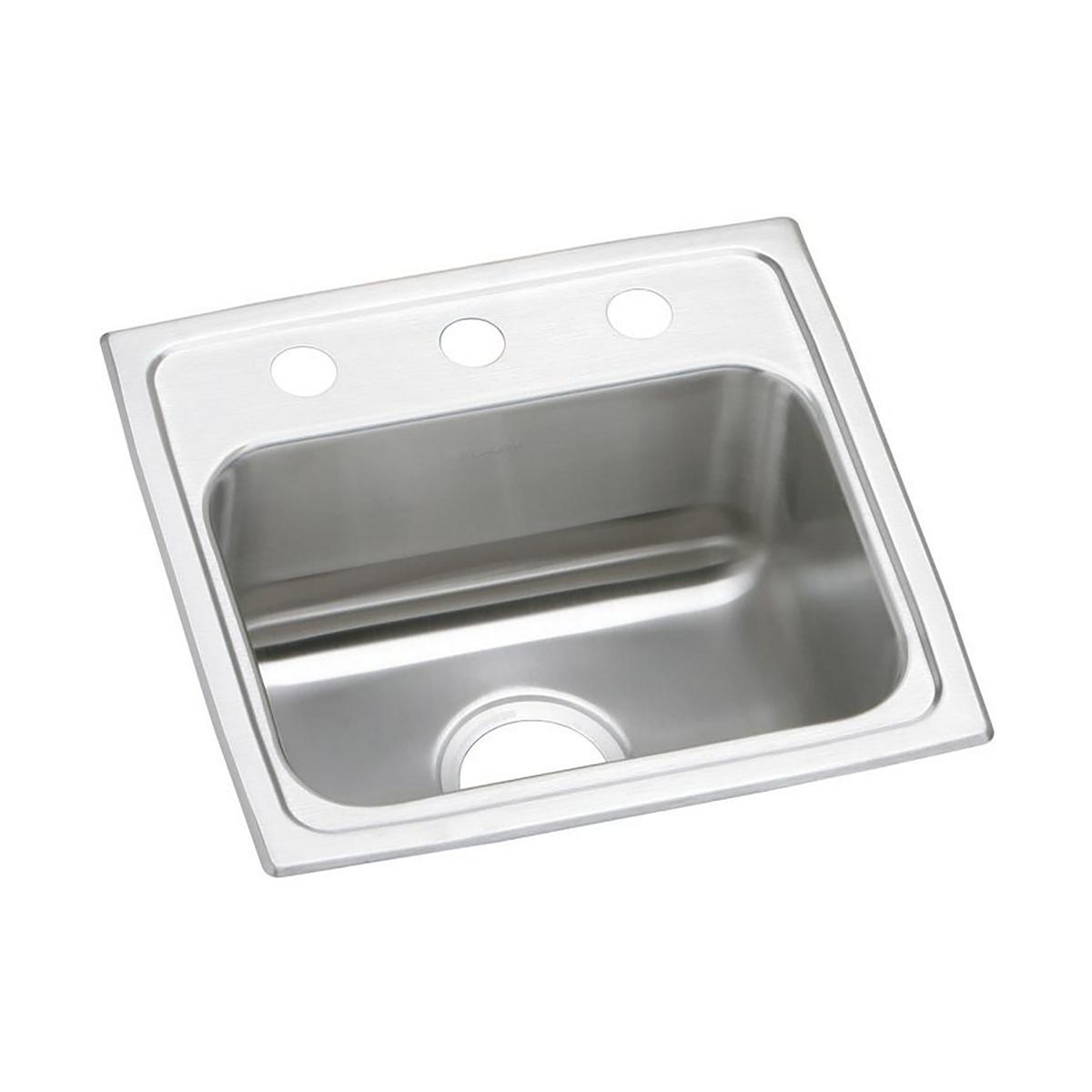 Stainless steel drop-in sink with single bowl, one faucet hole, and rounded corners on rim.
