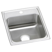 Stainless steel single bowl drop-in sink with one faucet hole and curved rim, shown from above at an angle.