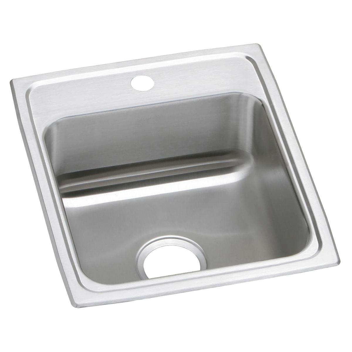 Stainless steel single bowl drop-in sink with one faucet hole and curved rim, shown from above at an angle.