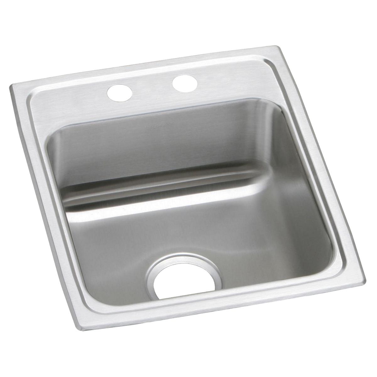 Stainless steel drop-in sink with single bowl, drain hole, and two pre-drilled holes for faucet mounting.