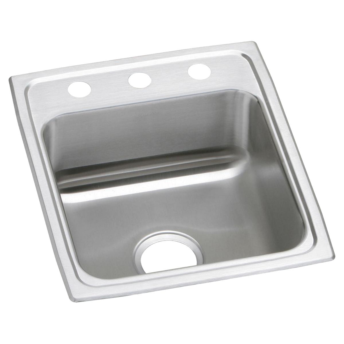Stainless steel drop-in sink with single bowl, three holes on rim, and drain opening.