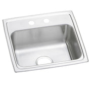 Stainless steel drop-in sink with single bowl, drain opening, and two mounting holes on rim.