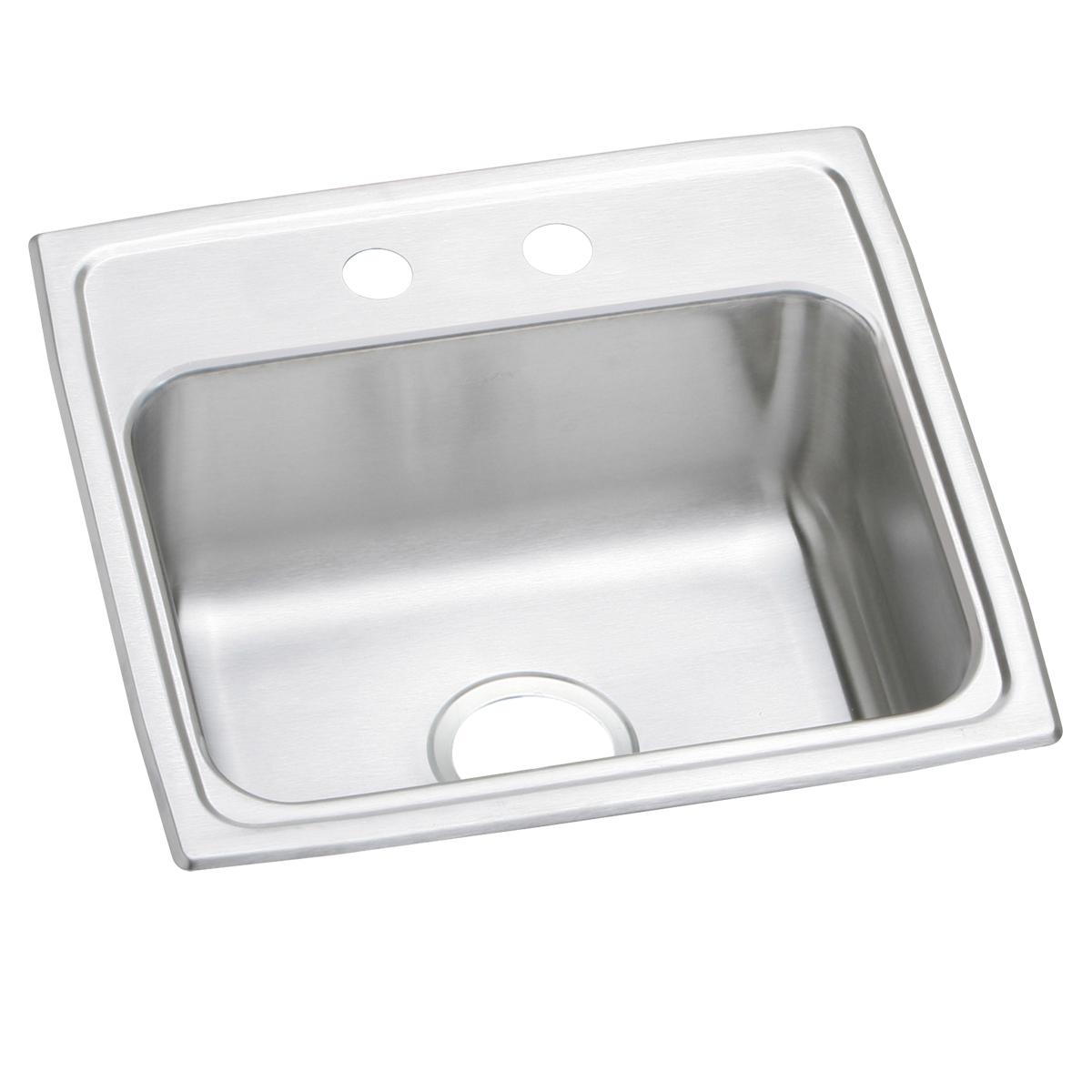 Stainless steel drop-in sink with single bowl, drain opening, and two mounting holes on rim.