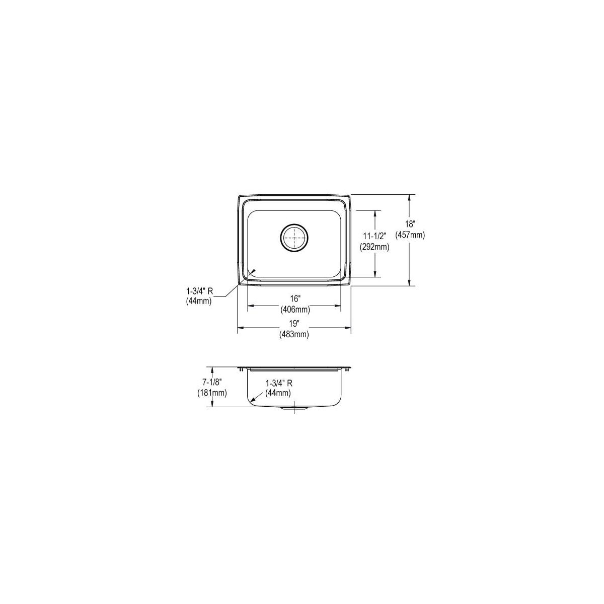 Stainless steel single bowl drop-in sink with 3 holes and rounded corners, shown in top and side view with dimensions.